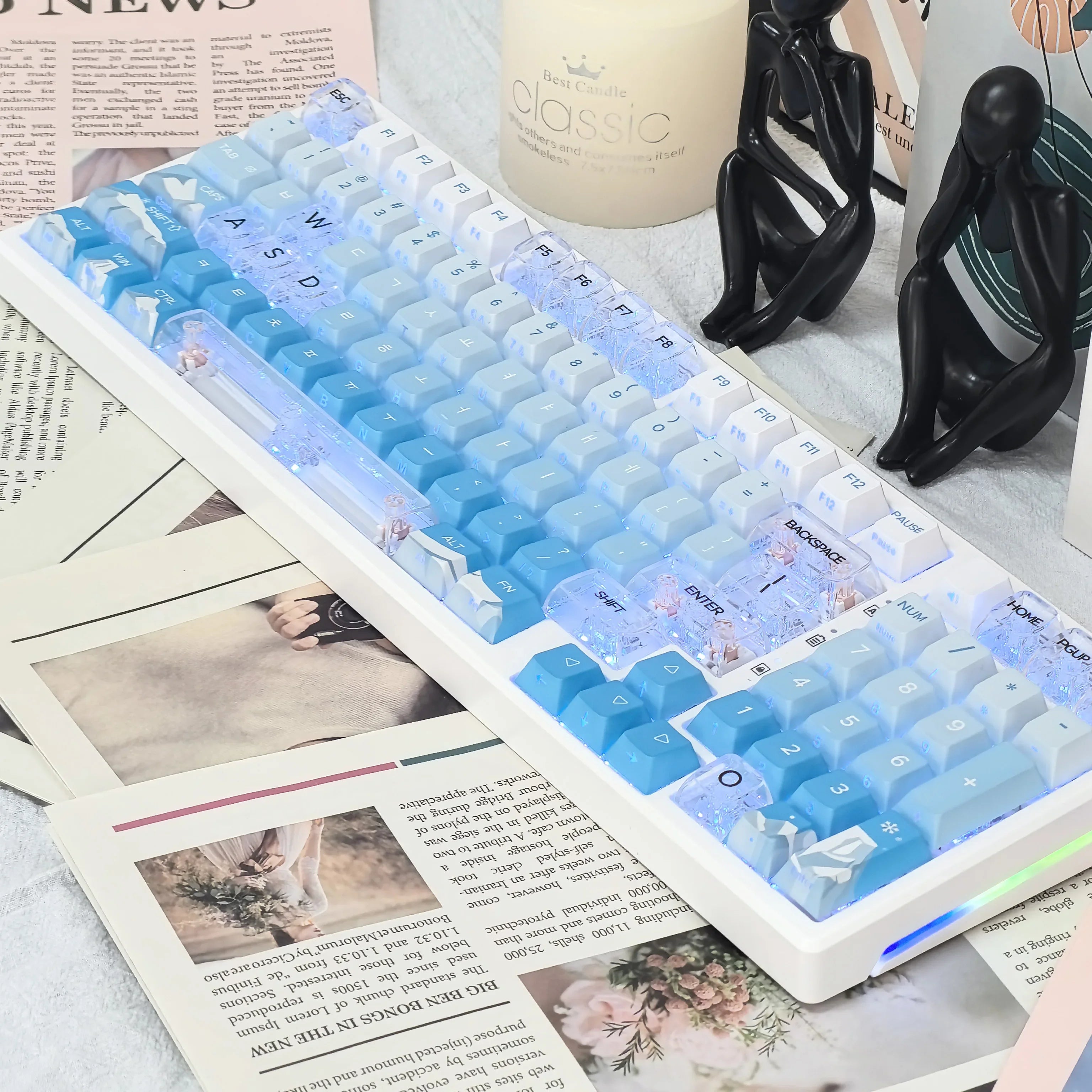 Korean Glacier Side-Engraved Translucent Keycaps OEM PBT Sublimation 122-Key DIY Fresh Gradient Blue White KR/korean Keycaps