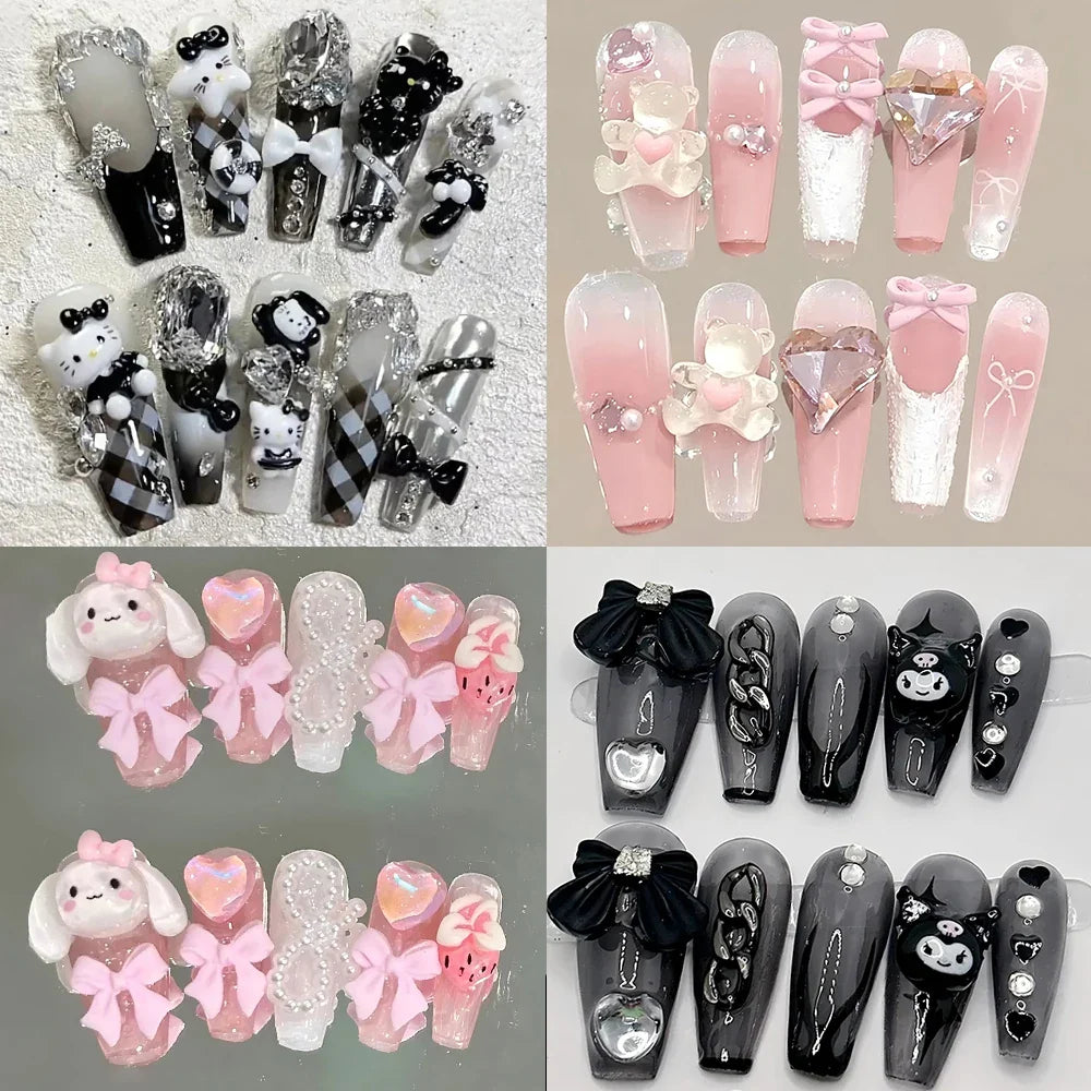 Cute Handmade Long Coffin Shape Fake Nail Kawaii Sanrio Hello Kitty Cinnamoroll Kuromi My Melody Detachable Nail Holiday Gift