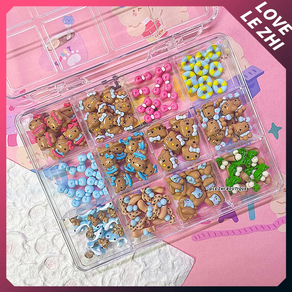 Boxed 120Pcs Kawaii Black Skin Sanrio Hello Kitty Nails Art Charms Accessories 3D Beach Bow Dolphin Resin Nails Decor Promotion