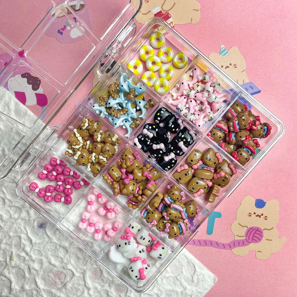Boxed 120Pcs Kawaii Black Skin Sanrio Hello Kitty Nails Art Charms Accessories 3D Beach Bow Dolphin Resin Nails Decor Promotion