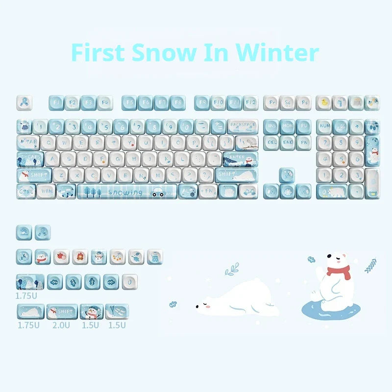 Winter First Snow Themed Keycap 127 Keys Oqo Profile Pbt Thermal Sublimation Mechanical Keyboard Blue Cartoon Cute Anime Keycap