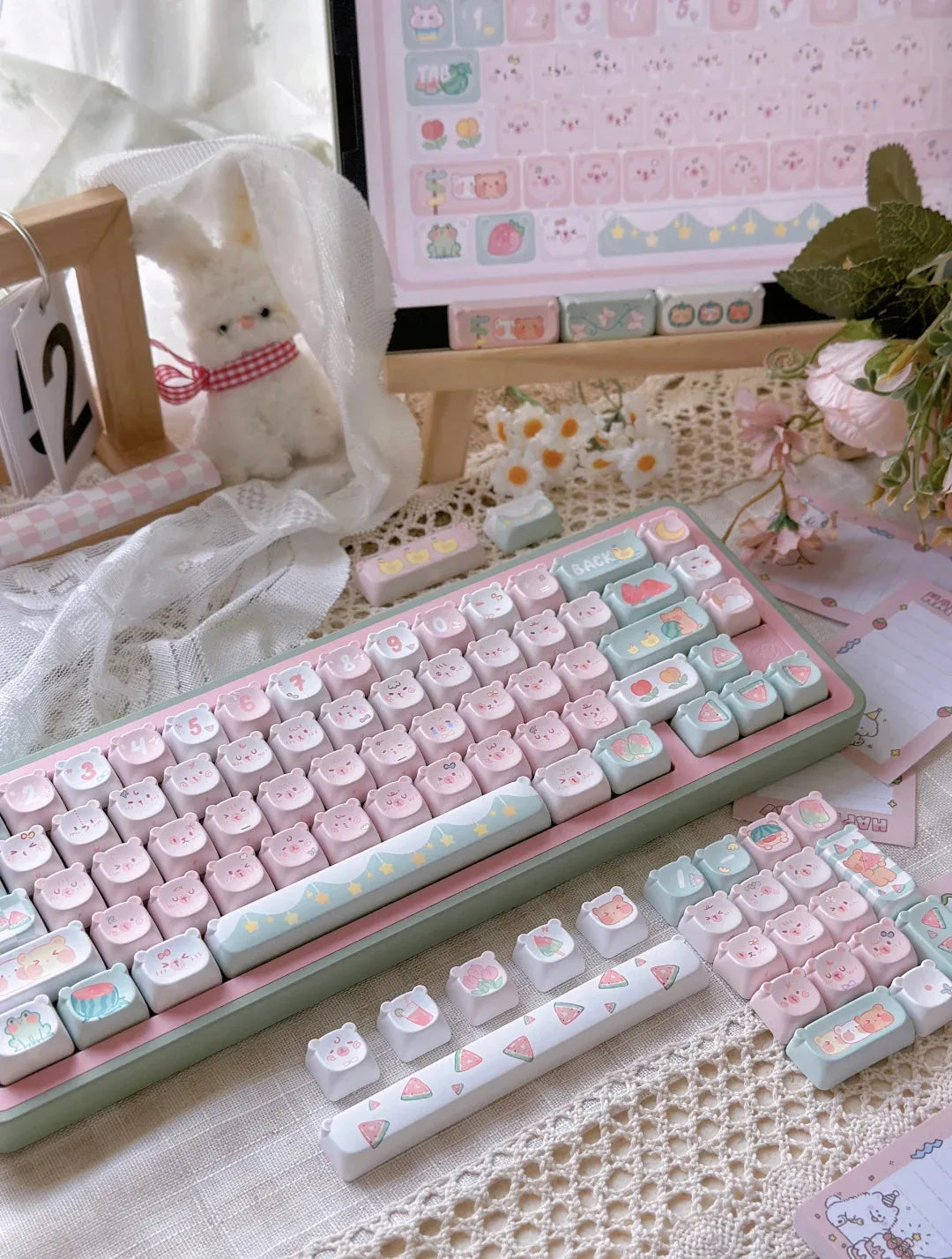 Cute Kawaii Bear Keycap EAO Pink Purple Expression Pbt For Diy Mechanical Keyboard Side Engraved Iso/Ansi Layout Cute Cat Keycap
