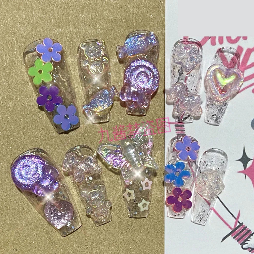 10Pcs Handmade Diy Cartoon Nail Art Hello Kitty Y2K 3D Flower Star Conch Shape Press On Nail Full Coverage Design Girls Gift