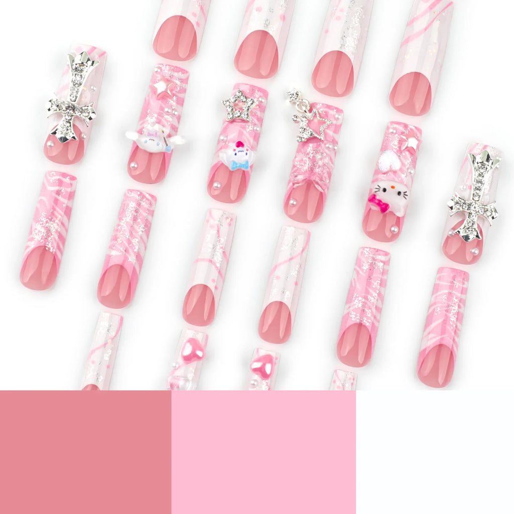 24pcs Light Pink Bowknots Press On Nails Y2k French Style Long Coffin False Nails With Cute Cartoon Metal Star Press On Nail