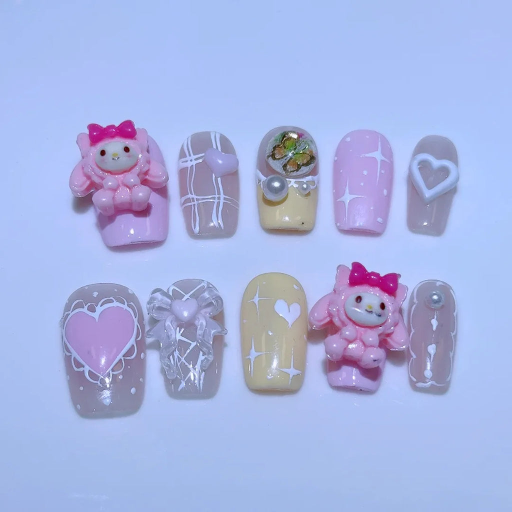 10Pcs Cute 3D Hello Kitty Kuromi Cartoon Handmade Nail Art Fashion Bow Luxury Diamond Detachable Full Cover Nails Holiday Gift