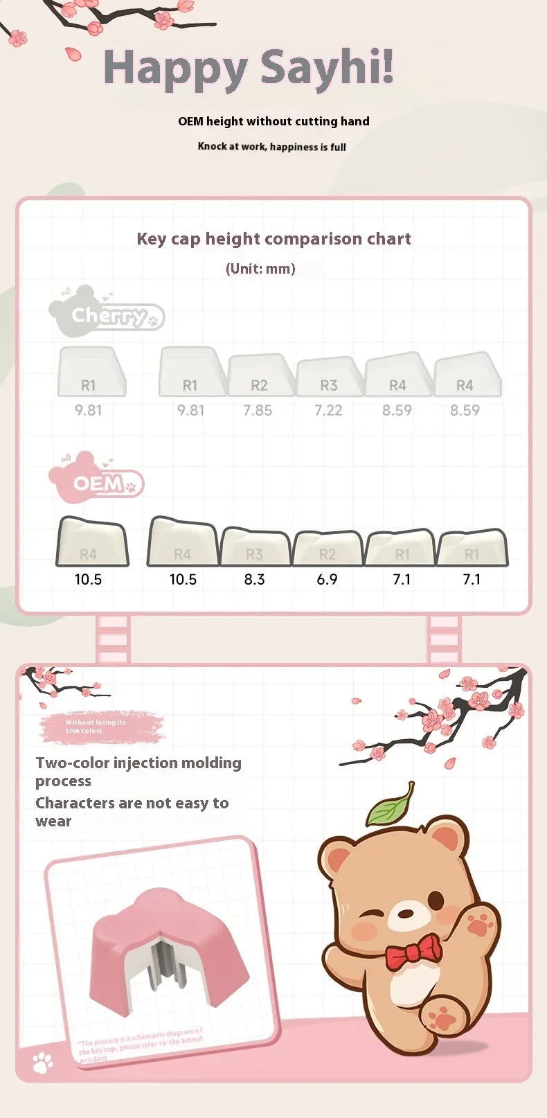 AKKO cute bear head theme keycaps PBT material two-color injection molding school office mechanical keyboard keycaps