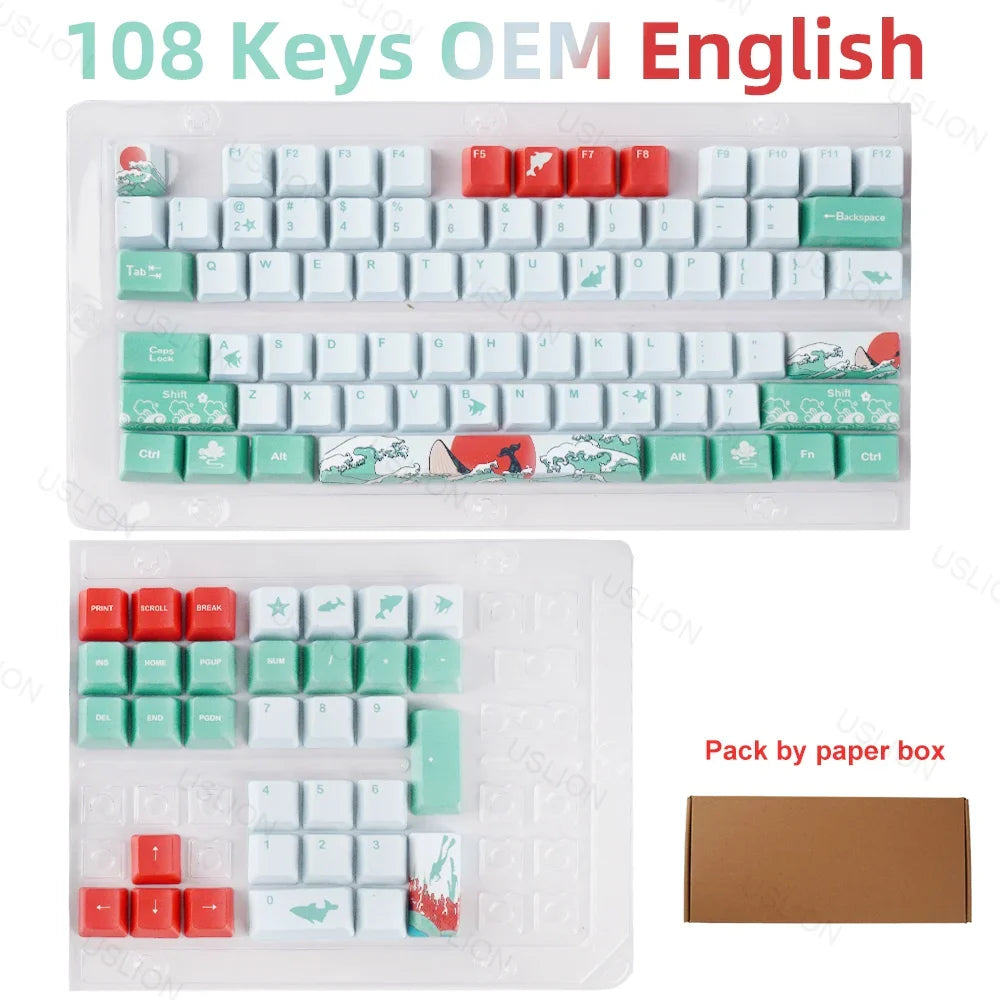 108 Keys OEM Profile Keycaps Coral Sea Theme PBT Five-side DYE Sublimation Key Caps for Gaming Mechanical Keyboard MX Switches