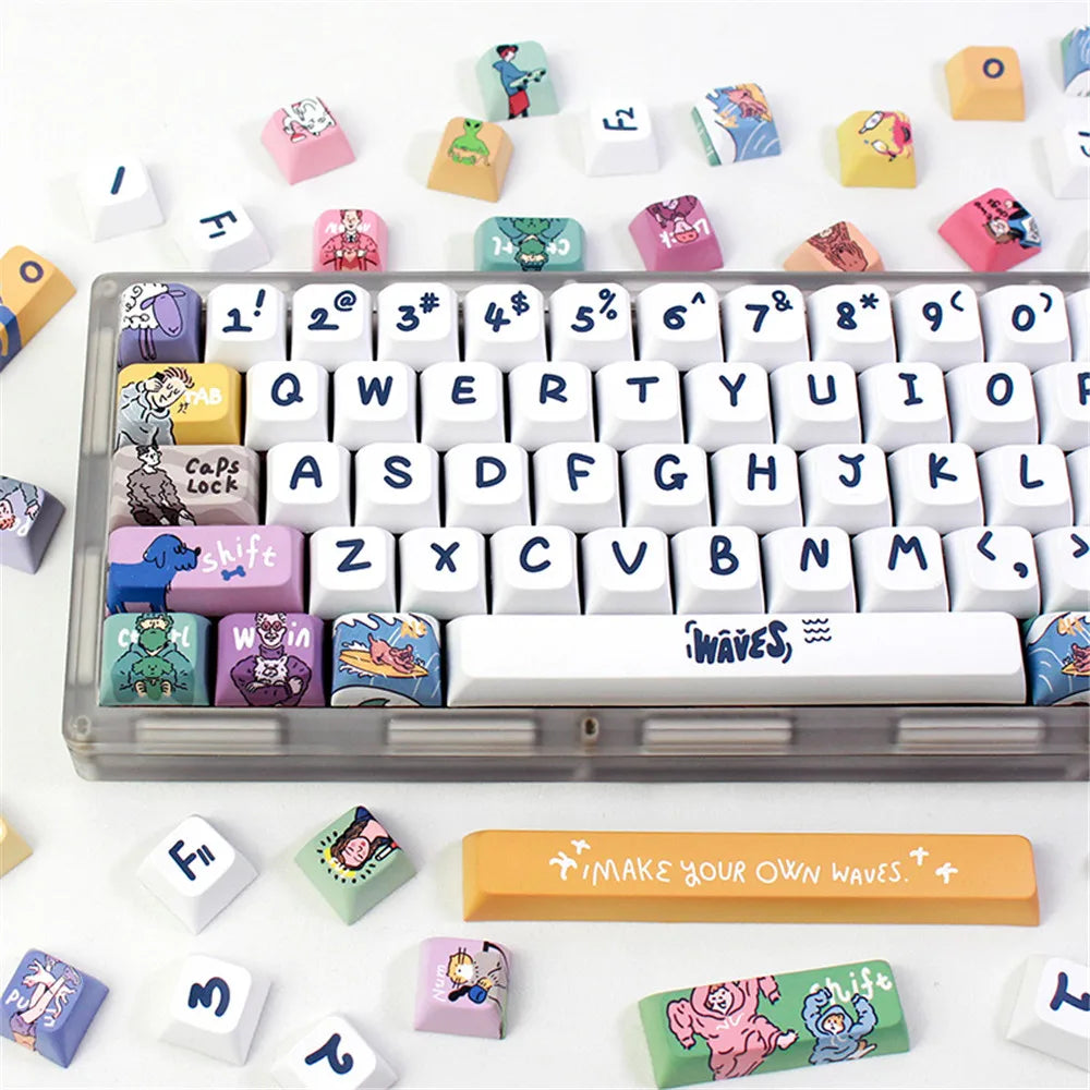 Kjeow Sea Wave Theme Keycaps PBT HM XDA Profile Cartoon Surfer 123 Keys Dye-Sublimation for Custom Mechanical Gaming Keyboard