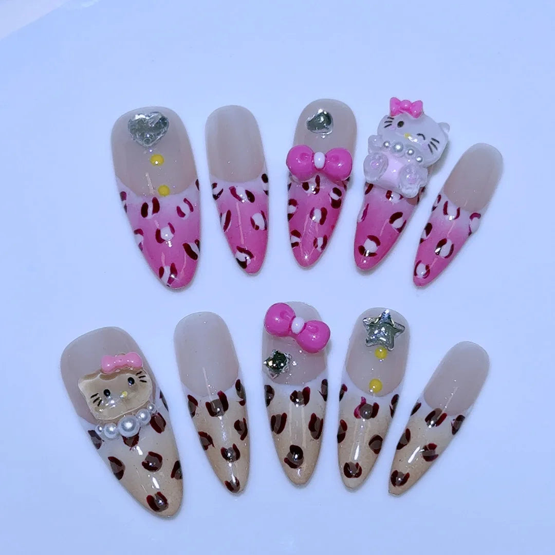 10Pcs Cute 3D Hello Kitty Kuromi Cartoon Handmade Nail Art Fashion Bow Luxury Diamond Detachable Full Cover Nails Holiday Gift