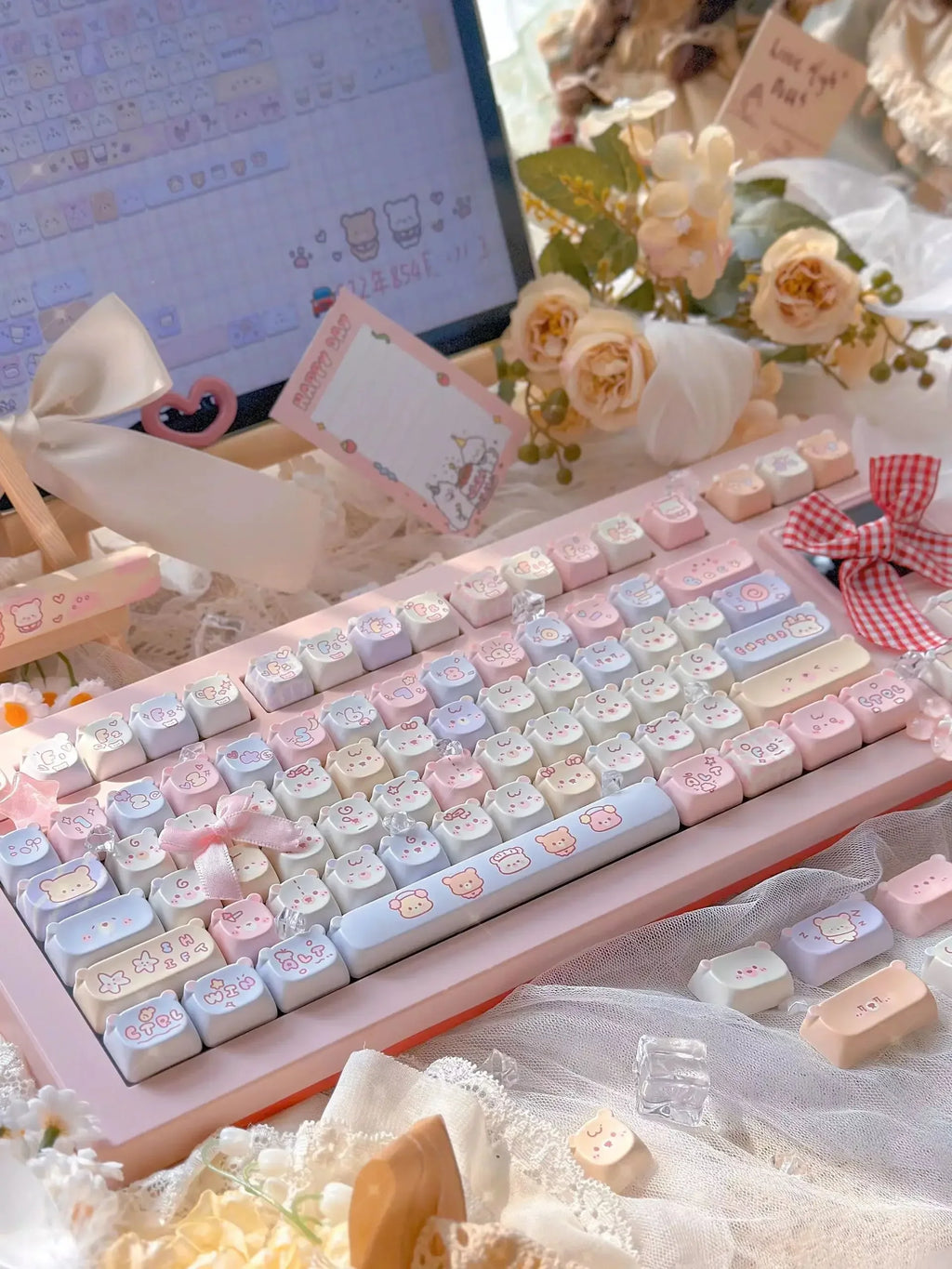 Cute Kawaii Bear Keycap EAO Pink Purple Expression Pbt For Diy Mechanical Keyboard Side Engraved Iso/Ansi Layout Cute Cat Keycap