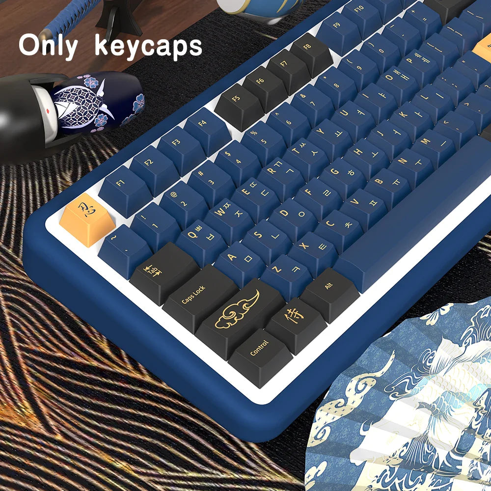 Blue Samurai Keycaps Japanese/Korean/Russian/German/Spanish/French PBT Keycap Cherry Profile for GMK Custom Mechanical Keyboard