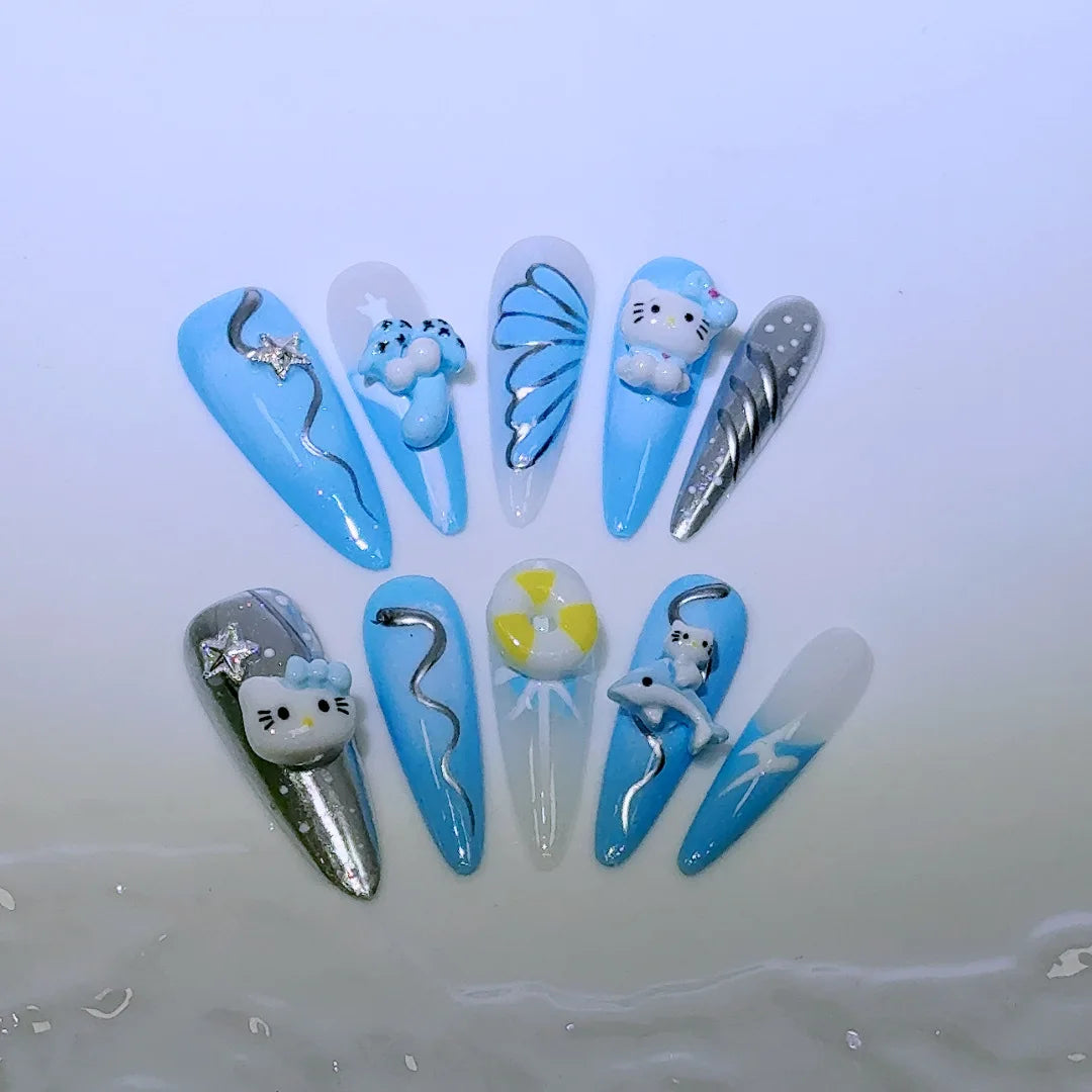 10Pcs Cute 3D Hello Kitty Kuromi Cartoon Handmade Nail Art Fashion Bow Luxury Diamond Detachable Full Cover Nails Holiday Gift