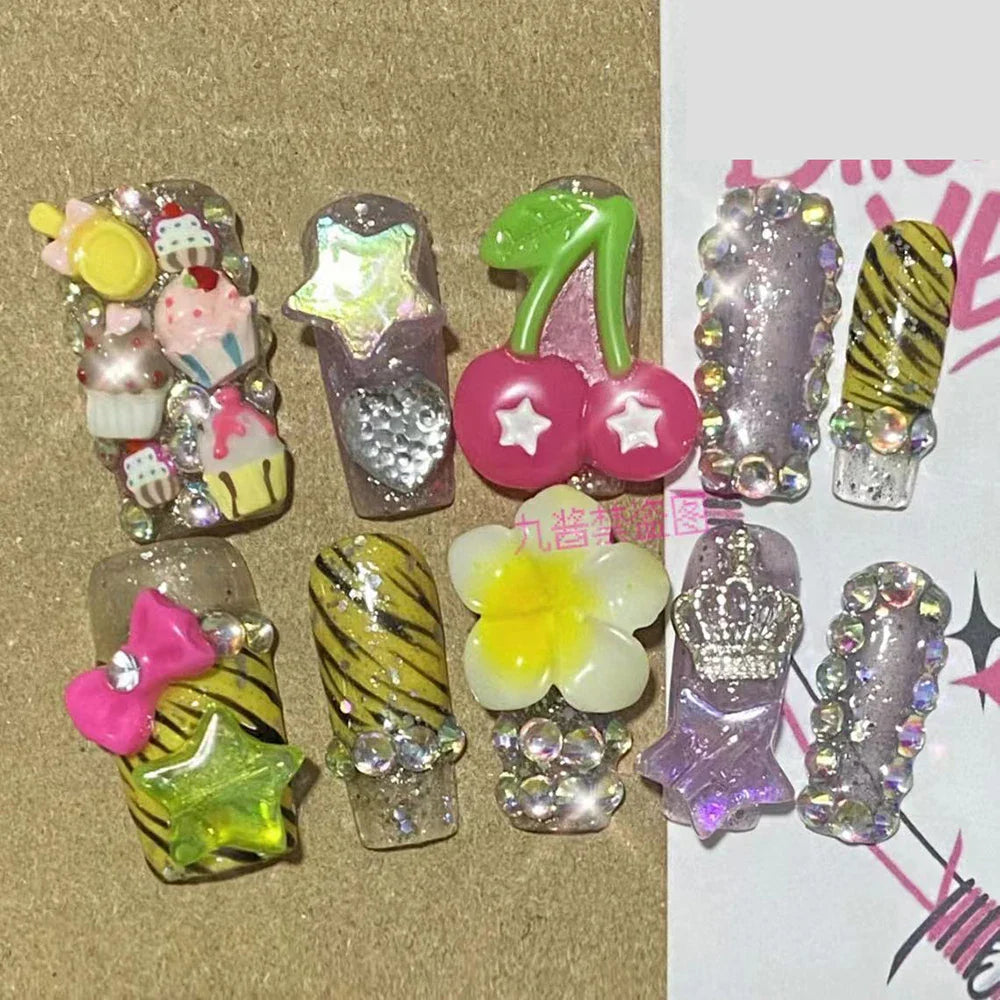 10Pcs Handmade Diy Cartoon Nail Art Hello Kitty Y2K 3D Flower Star Conch Shape Press On Nail Full Coverage Design Girls Gift