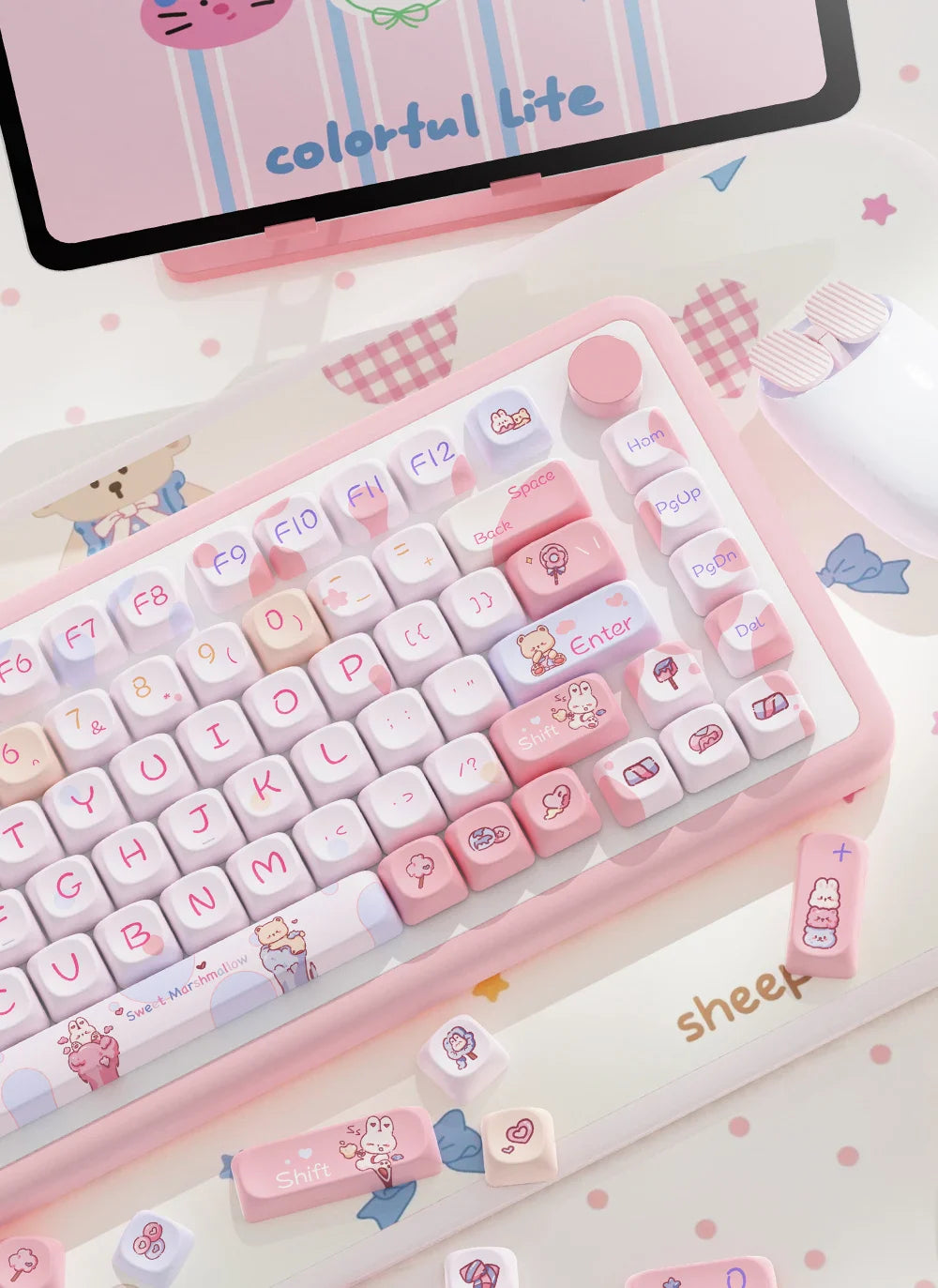Sweet Cotton Candy Themed Keycaps 112/120key Mca Profile Pbt Thermal Sublimation Mechanical Keyboard Cartoon Pink Anime Keycaps