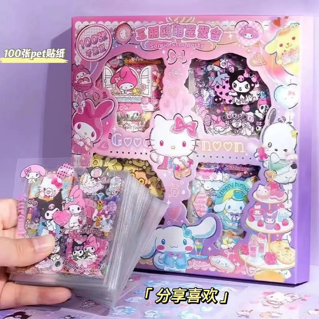 Hello Kitty Sanrio Non repeating 100 piece Sticker Set Cinnamoroll Kuromi Waterproof Stationery Sticker Gift Box Holiday Gift