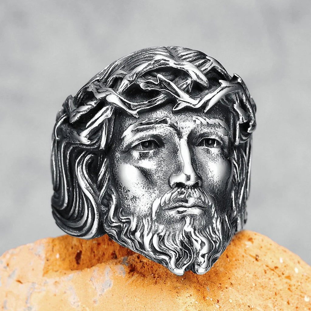 316L Stainless Steel Men Ring Christian Jesus Face Rings Religion Amulet Punk Rock for Male Biker Boyfriend Jewelry Best Gift