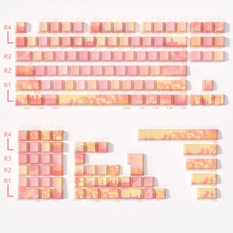 PIIFOX PBT OEM Profile Keycaps Thermal Sublimation 130 Keys Pink Thing Oil Painting Theme Transparent Translucent Side Engraving