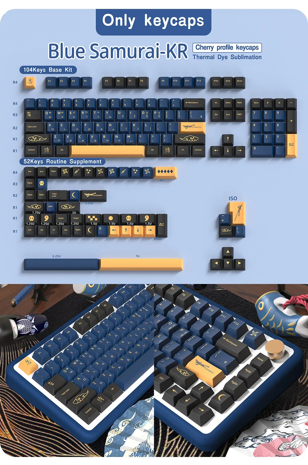 Blue Samurai Keycaps Japanese/Korean/Russian/German/Spanish/French PBT Keycap Cherry Profile for GMK Custom Mechanical Keyboard