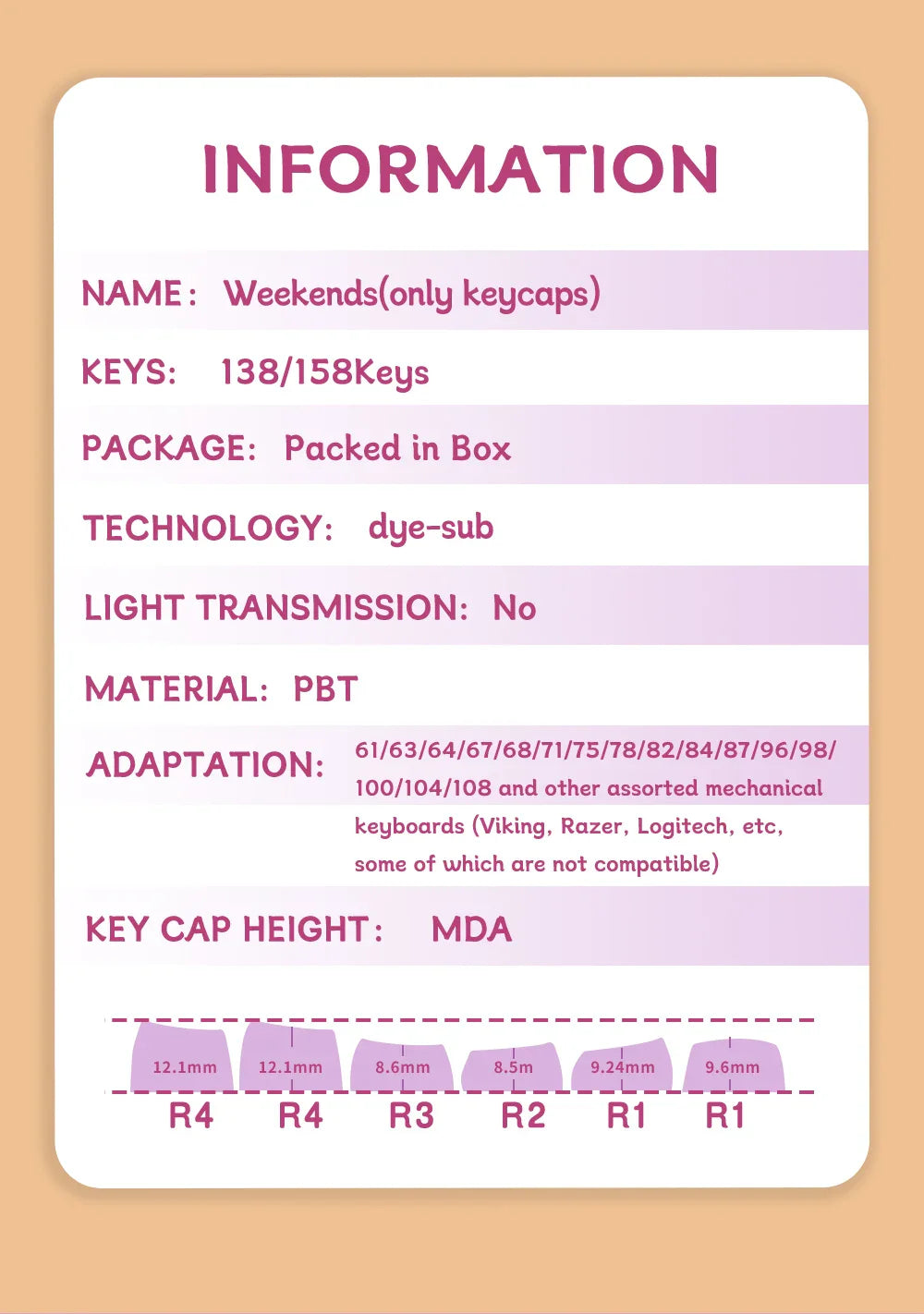 Weekends Theme Keycaps 122/138/158 Keys Mda Profile Pbt Thermal Sublimation Mechanical Keyboard Customized Anime Game Keycaps