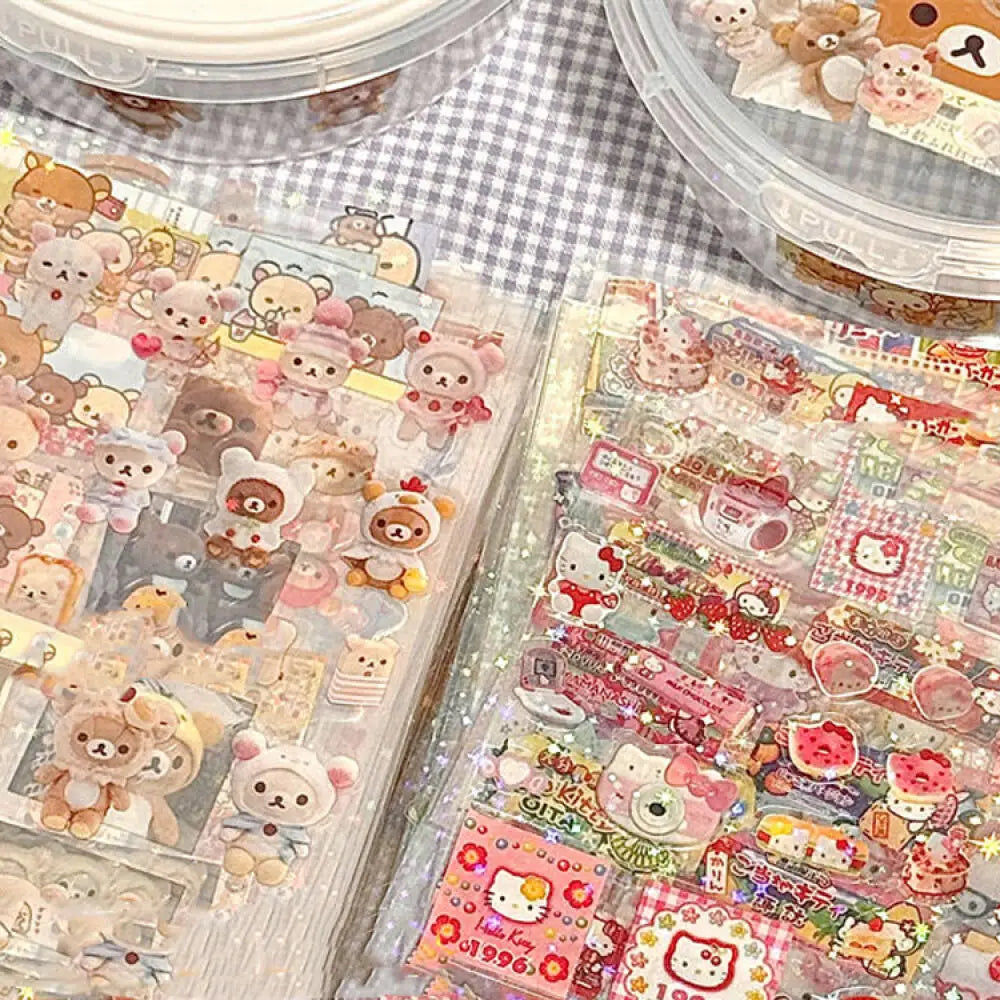 5pcs Hello Kitty Rilakkuma Cute Cartoon Die-cutting Sticker Kitty Cat Anime Handbooks Material Stickers Flashing Laser Stickers