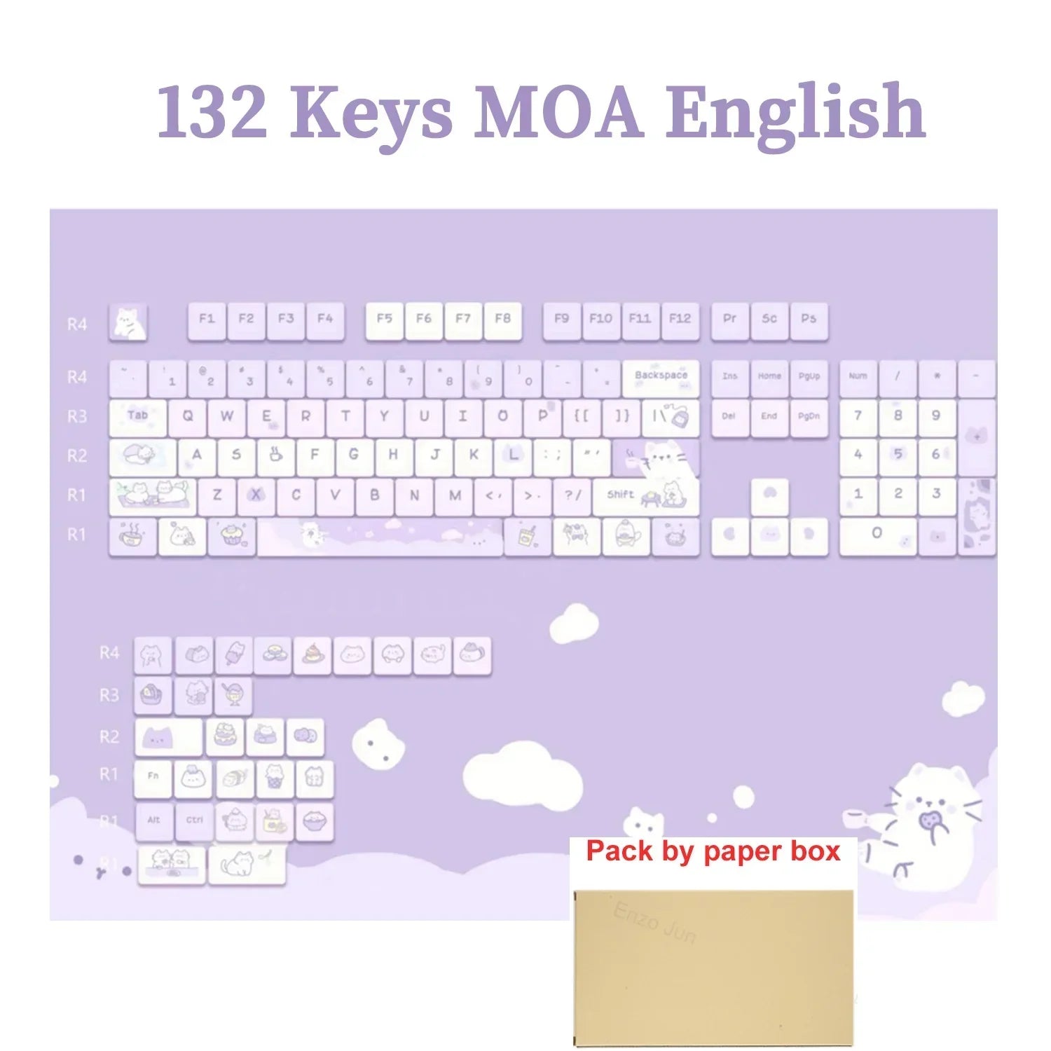 132 Keys Dye Sublimation PBT Keycaps Purple Cute Cat Themed MOT Profile Keycap for Gateron MOA MX Switches Mechanical Keyboard