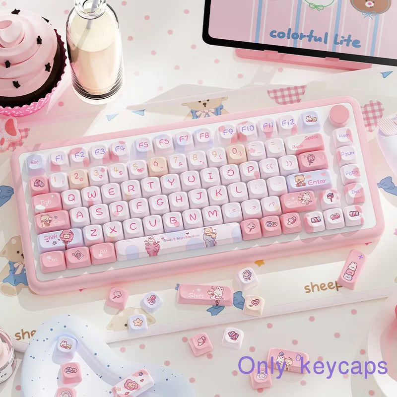 Sweet Cotton Candy Themed Keycaps 112/120key Mca Profile Pbt Thermal Sublimation Mechanical Keyboard Cartoon Pink Anime Keycaps