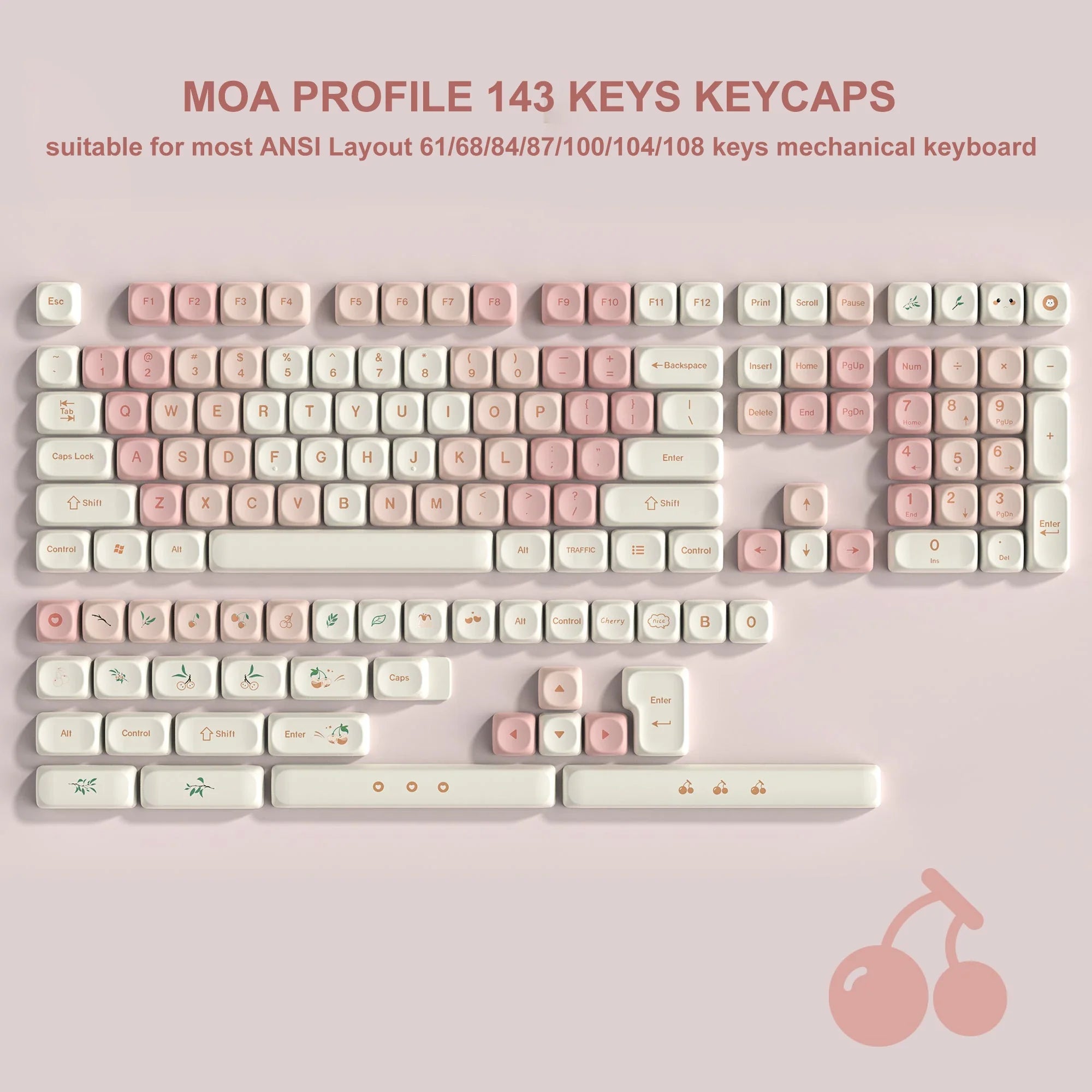 143 Keys Pink Cherry MOA Profile PBT Keycaps Customs Dye Sub Key caps for 61/87/104 Cherry MX Switch Gaming Mechanical Keyboard