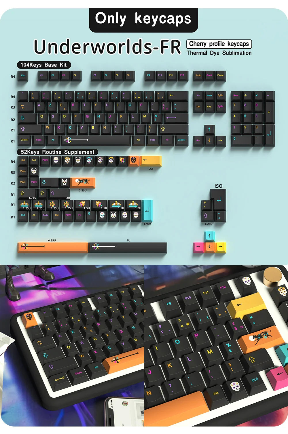 French Keycap 136-156 Keys BPT Cherry Profile FR Keycaps For French keyboard MX Mechanical Keyboard 7U Space Keys Hi75