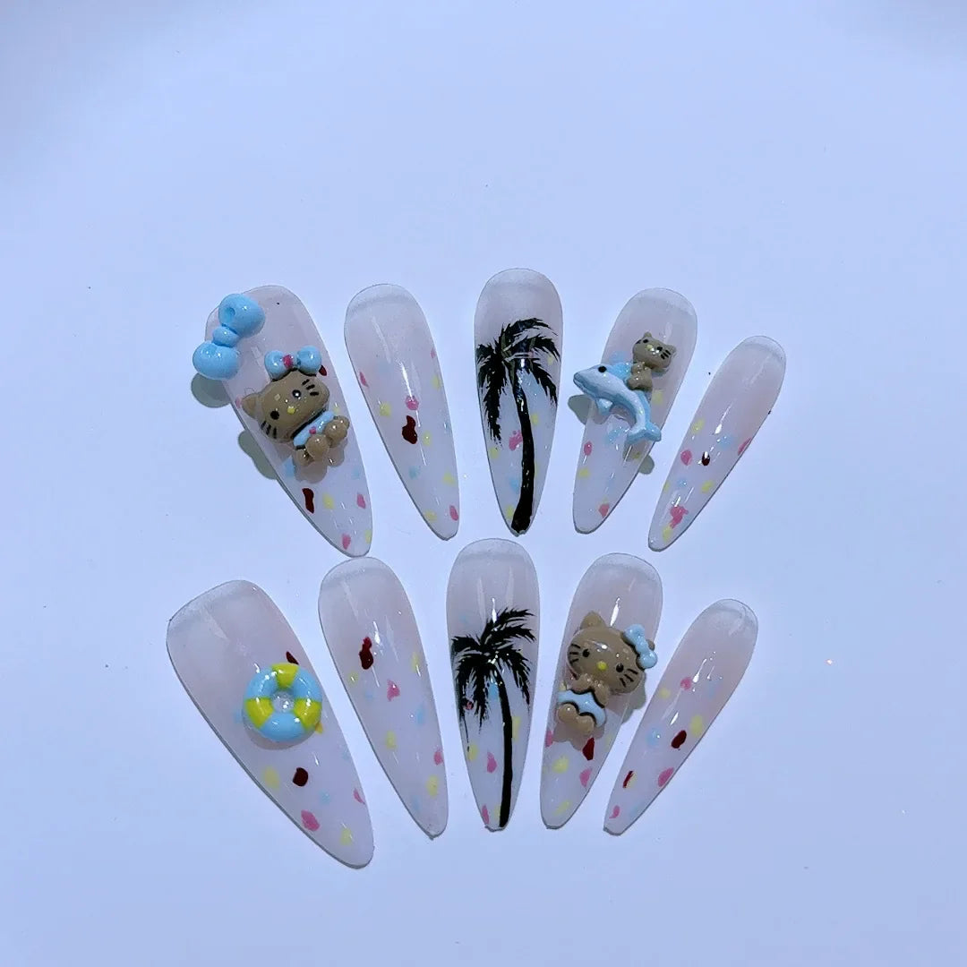 10Pcs Cute 3D Hello Kitty Kuromi Cartoon Handmade Nail Art Fashion Bow Luxury Diamond Detachable Full Cover Nails Holiday Gift
