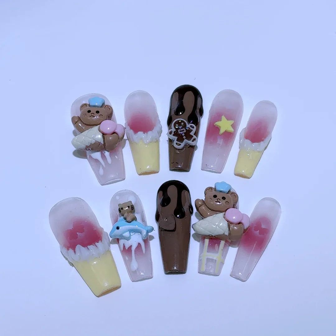 10Pcs Cute 3D Hello Kitty Kuromi Cartoon Handmade Nail Art Fashion Bow Luxury Diamond Detachable Full Cover Nails Holiday Gift