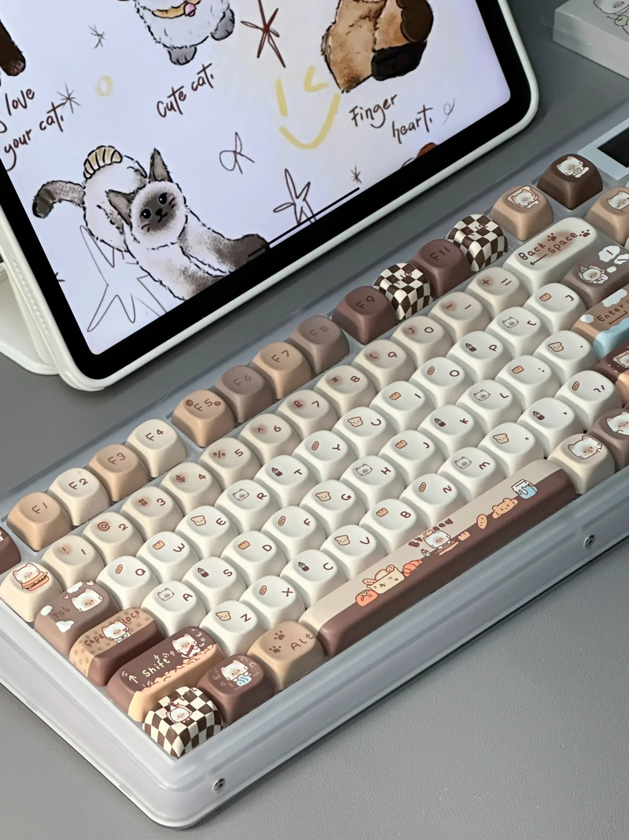 Siamese Bakery Keycaps Moa PBT Hot Sublimation Customized DIY Keycaps Cute Round Khaki 131keys Cute Cartoon Siamese Cat Keycaps